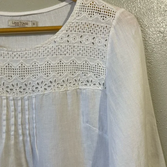 Lina Tomei Linen Pleated Lace Blouse Medium Pullover Accent Boho Cottagecore Top - Picture 11 of 15